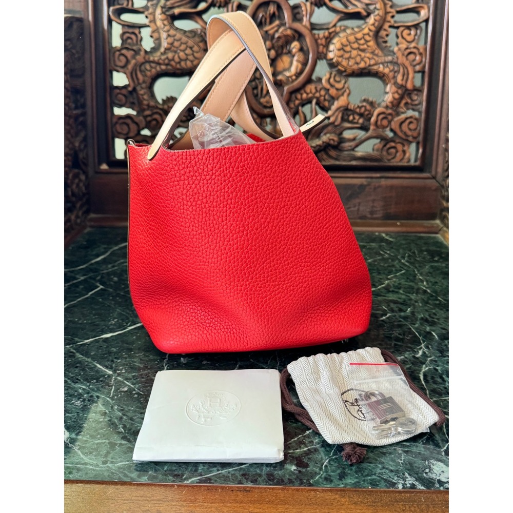 Hermes Picotin Lock 18 Red Clemence Leather Handbag Silver Hardware & lock‎